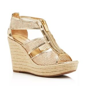 Michael Kors Damita Gold Metallic Wedge Platform Sandals Size 11